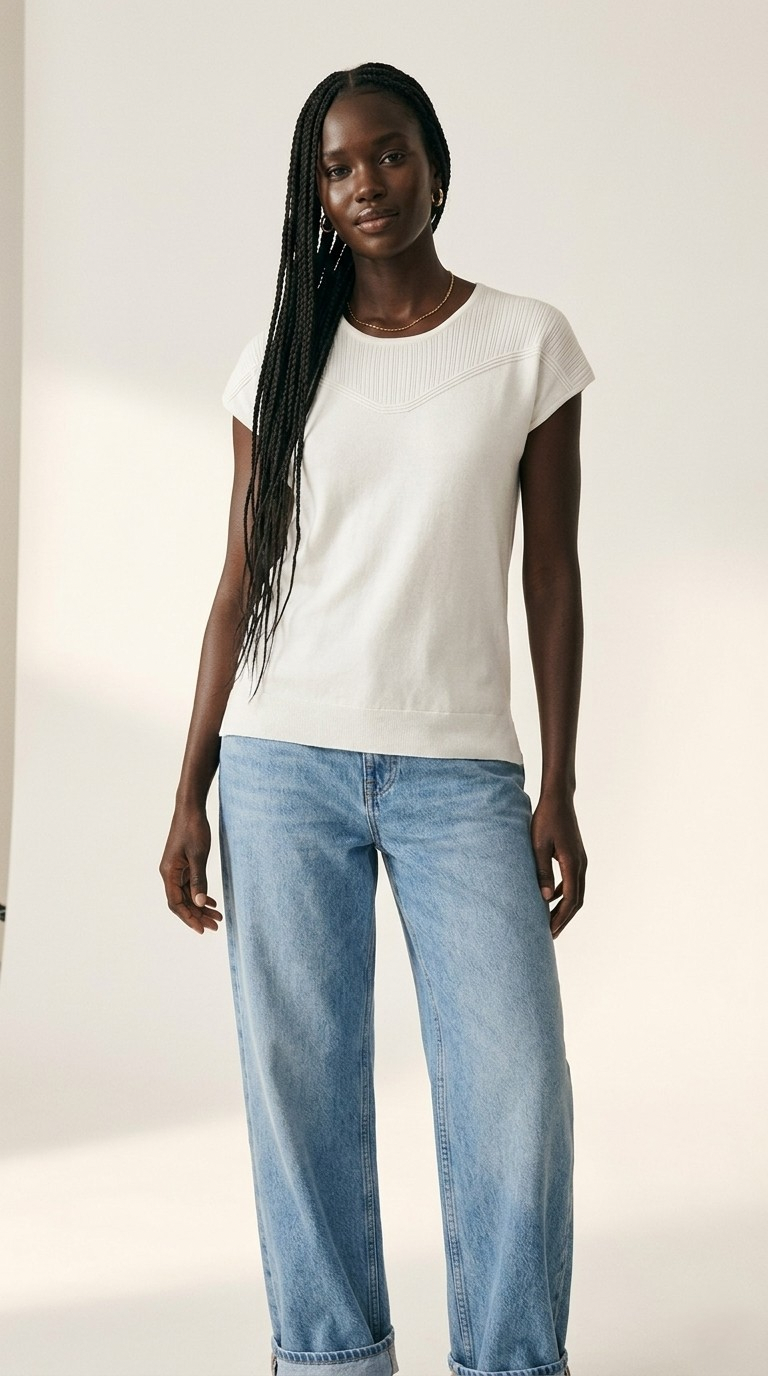 Nervuré White Cap Sleeve Knit Sweater