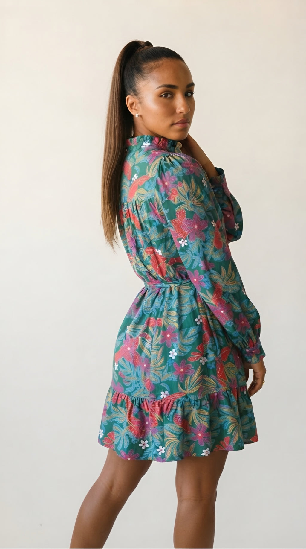 Voltige Robe Fleurie à Manches Longues