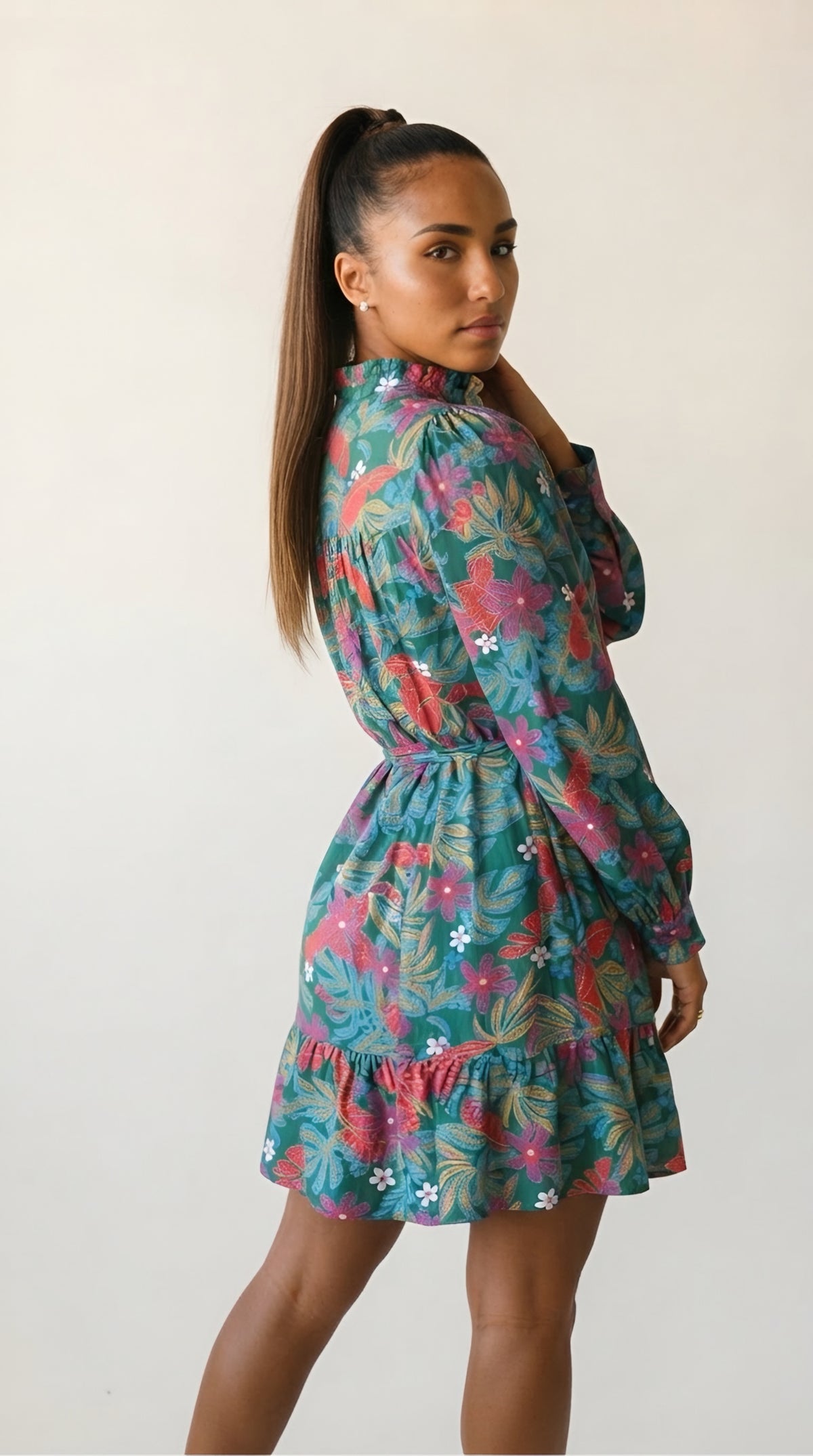 Voltige Robe Fleurie à Manches Longues