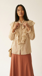 Plumetis Tie-Neck Ruffle Blouse