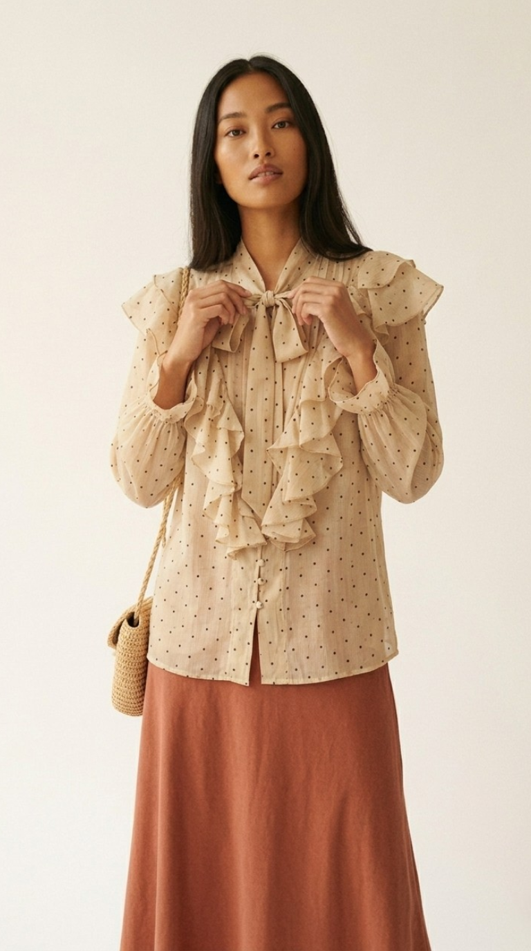 Plumetis Tie-Neck Ruffle Blouse