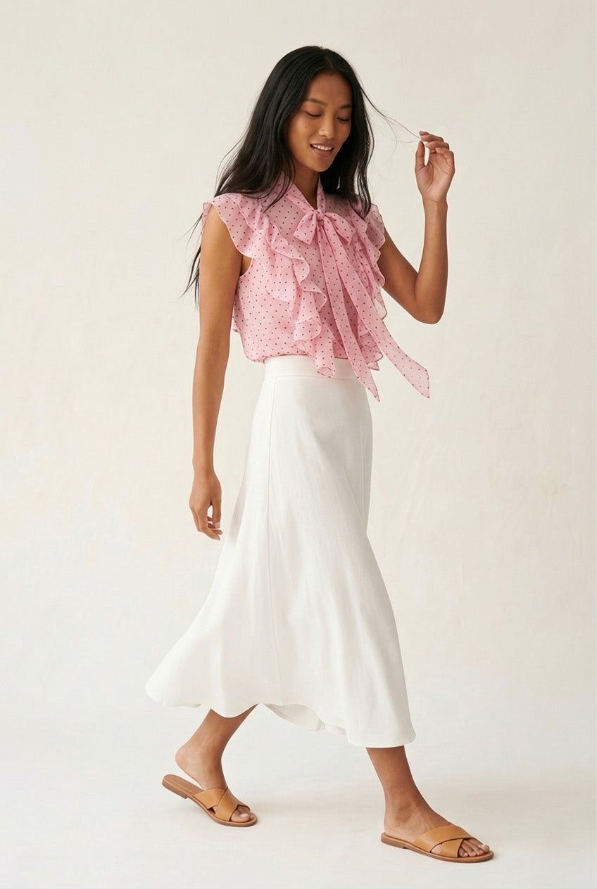 Rosette Polka Dot Ruffle Blouse