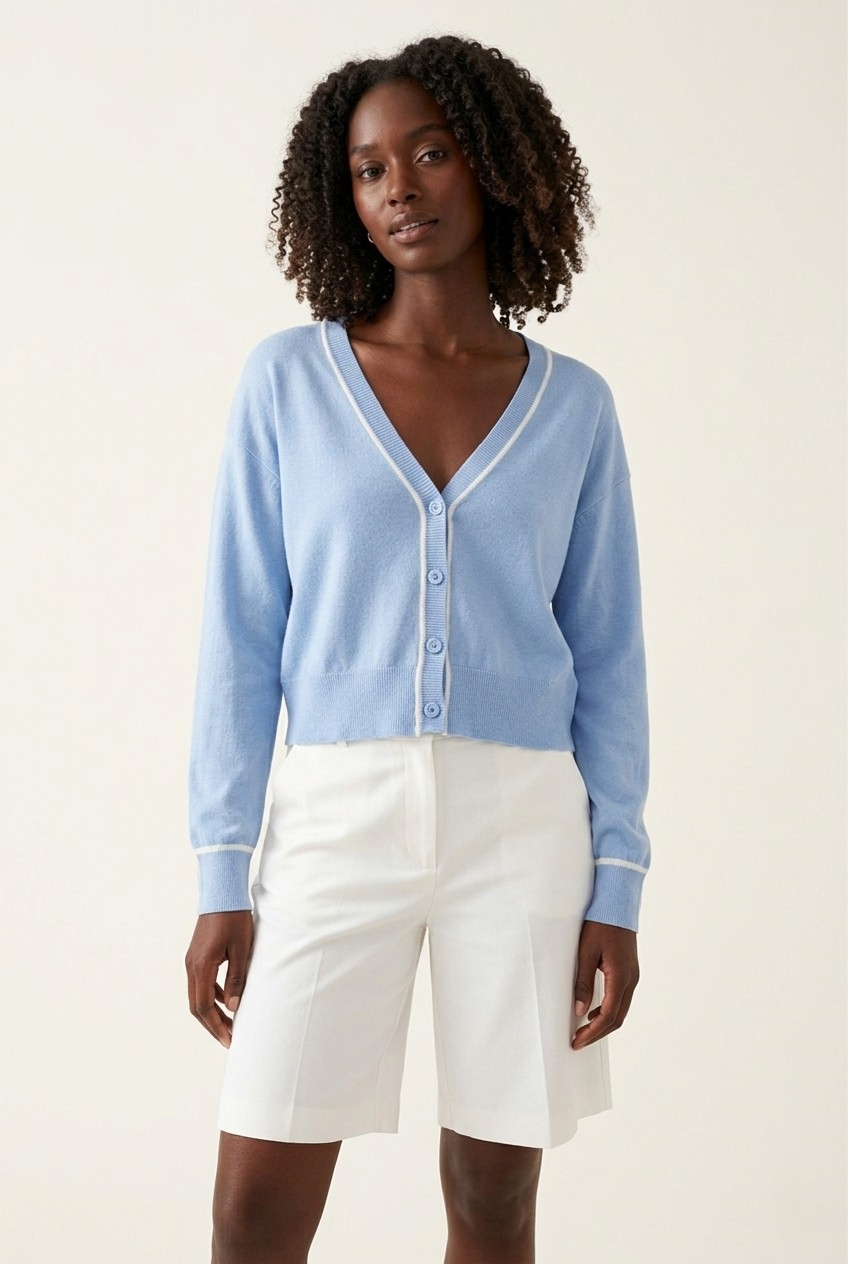 Contour Baby Blue Contrast Trim Cardigan