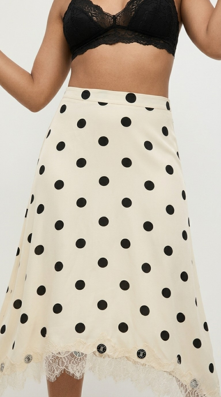 Dotté Satin Lace Trim Asymmetrical Midi Skirt