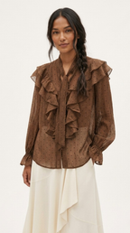 Plumetis Tie-Neck Ruffle Blouse
